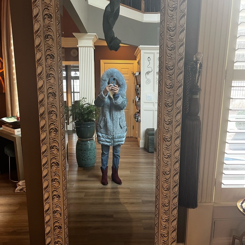 Fox Fur Trim and sherpa Ice Blue Puffer coat